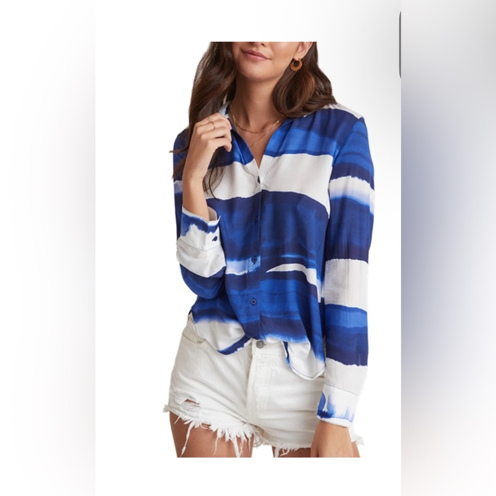 NEW CLOTH & STONE FLOWY BUTTON DOWN LONG SLEEVE SHIRT BLUE WAVE STRIPE m